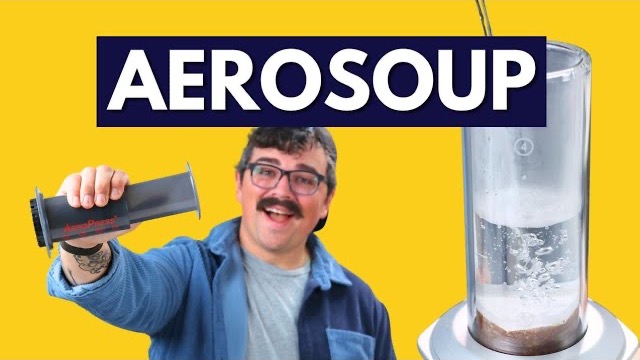Lance Hedrick holding an AeroPress, from his Aerosoup video